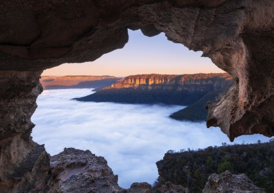 Morning fog over Blue Mountains National Park as seen from Lincolns Rock in Wentworth Falls